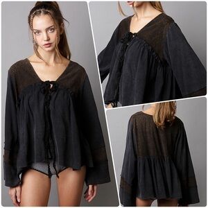 🆕 POL Oversized - Eyelet Lace - Baby Doll Top - Bell Sleeves - NIB